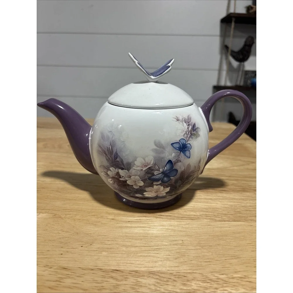 VINTAGE PURPLE AND WHITE CERAMIC TEAPOT WITH BUTTERFLIES & FLOWERS